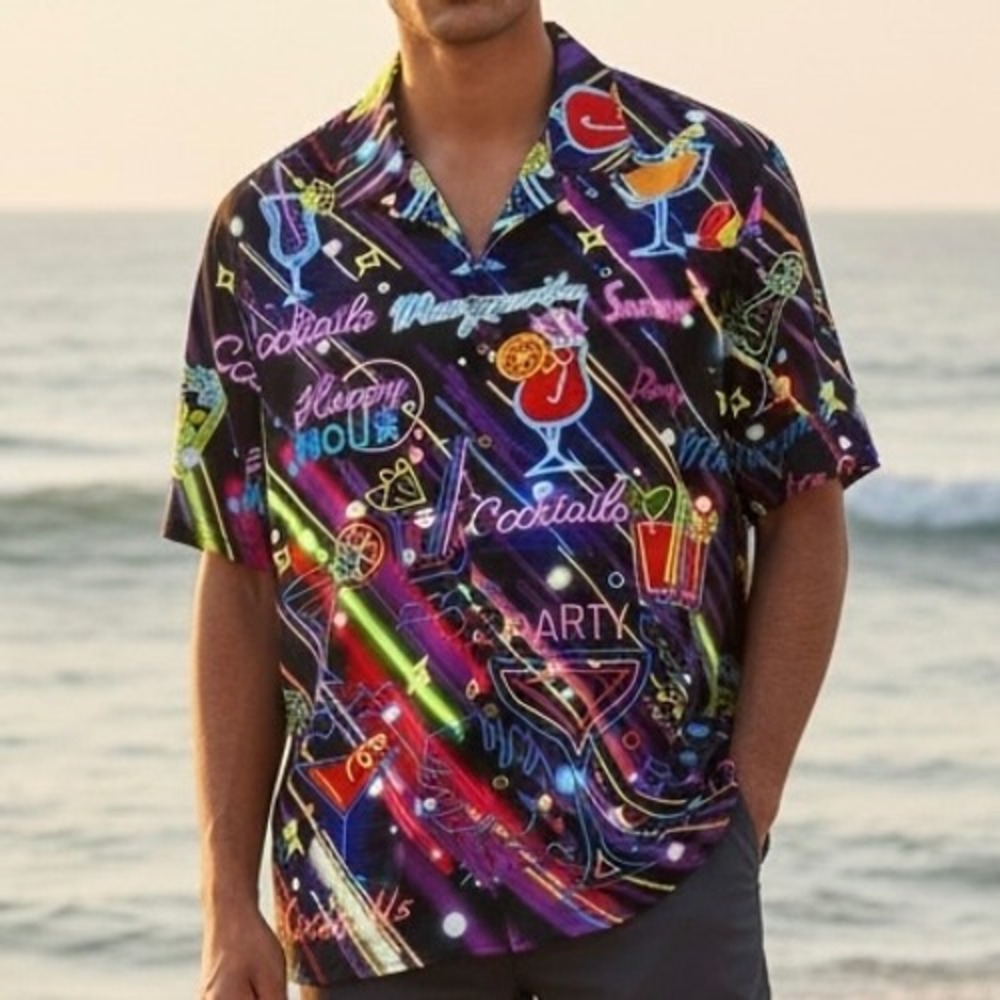 Hawalili Mens 2XL Neon Cocktail Party Shirt Black Short Sleeve Button Down Retro